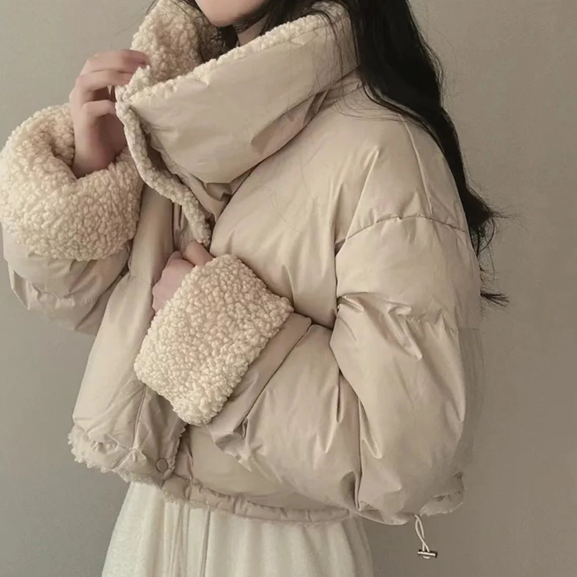 Lapel Bomber Lamb Fur Loose Cotton Coat