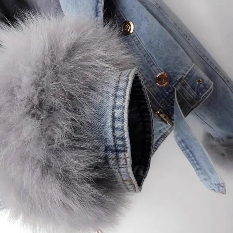 Faux Fox Fur Collar Jean Jacket