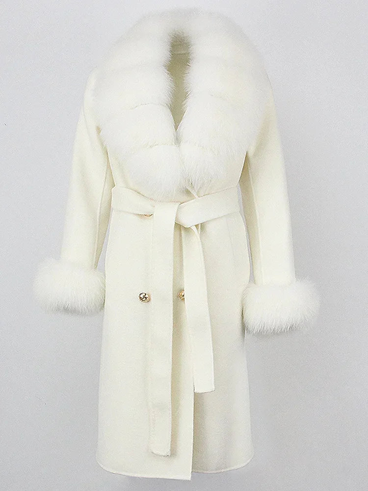 Real Fur Natural Wool Blends Cashmere Double Breasted Belt Warm Coat