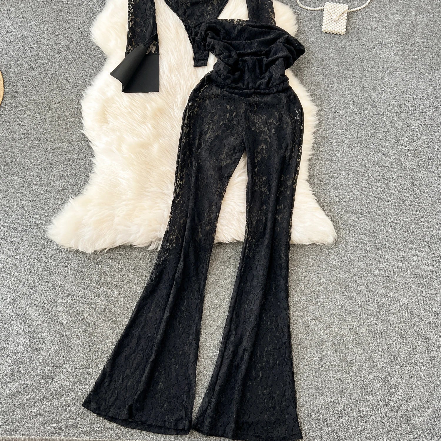 Lace Sheer Lapel Long Sleeves Slim Bodysuits+Elastic Long Pants Sets