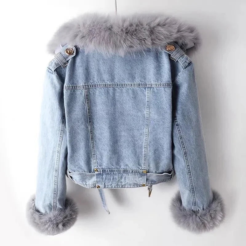 Faux Fox Fur Collar Jean Jacket