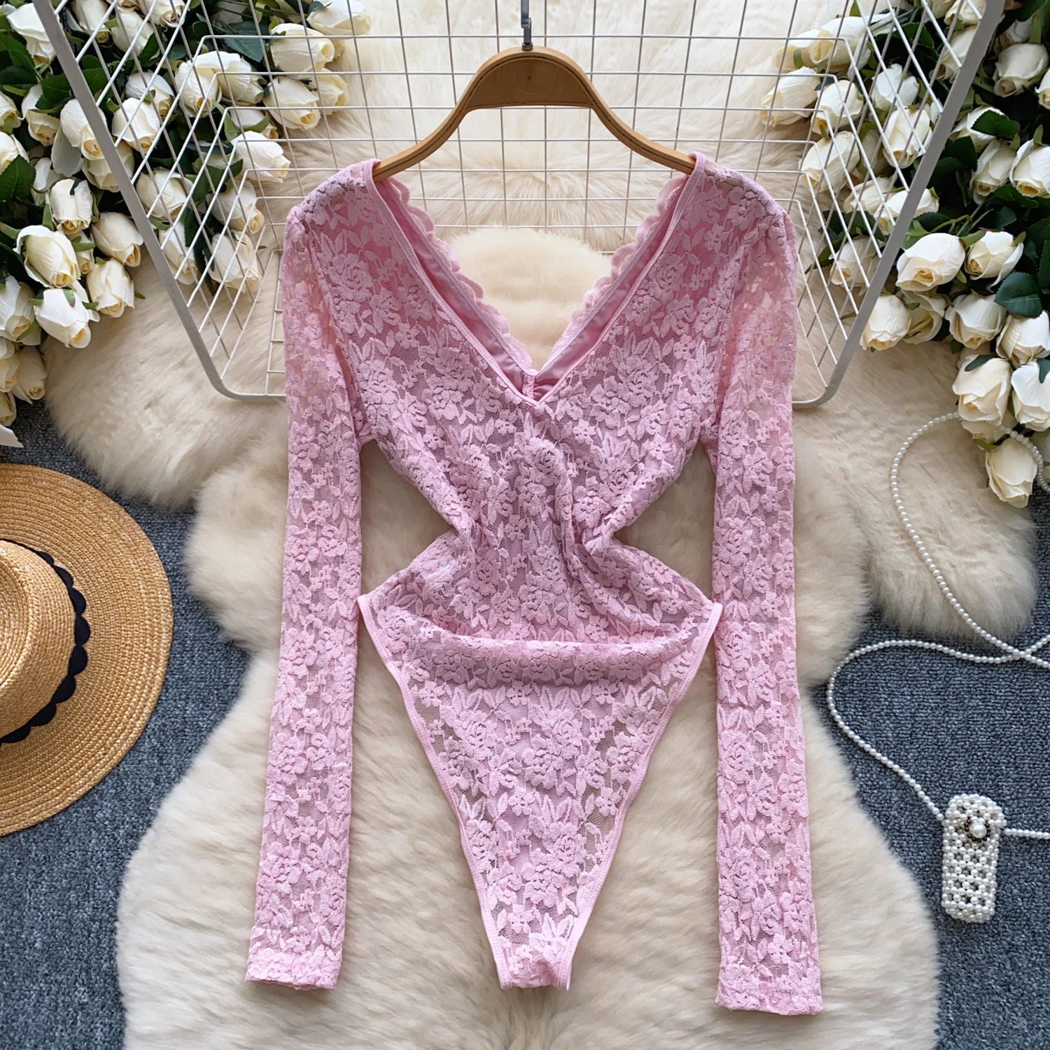 Lace Splice Mesh V Neck Long Sleeves Bodysuits