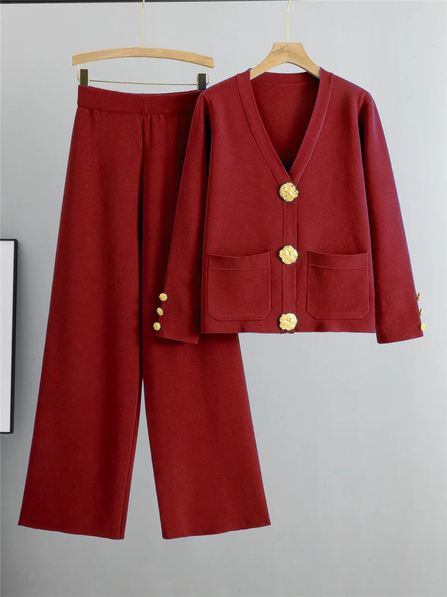 Elegant Knitted 2 Piece Sets Sweater Cardigan Tops And High Waist Wide Leg Pants Outfit