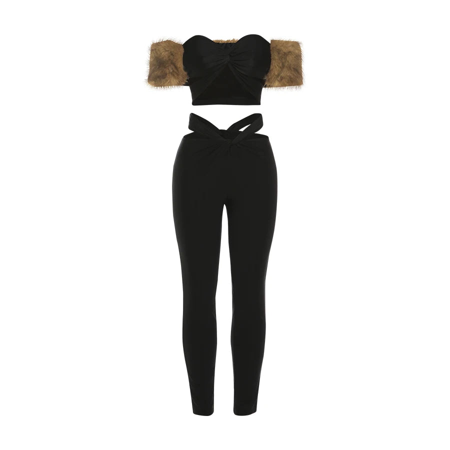 Cross Hollow  Fur Patchwork Tops+High Waist Leggings Matching  2 Piece Set Tracksuit