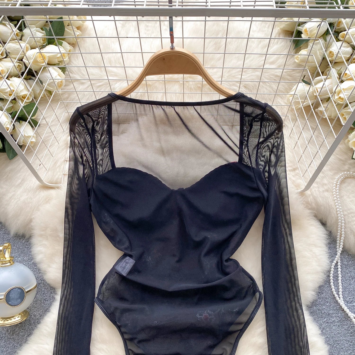 Retro Embroidery Floral Mesh Bodysuits