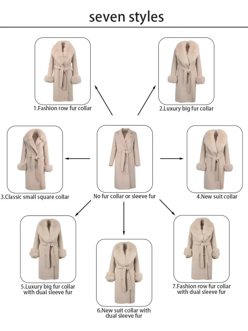 Real Fur Natural Wool Blends Cashmere Double Breasted Belt Warm Coat