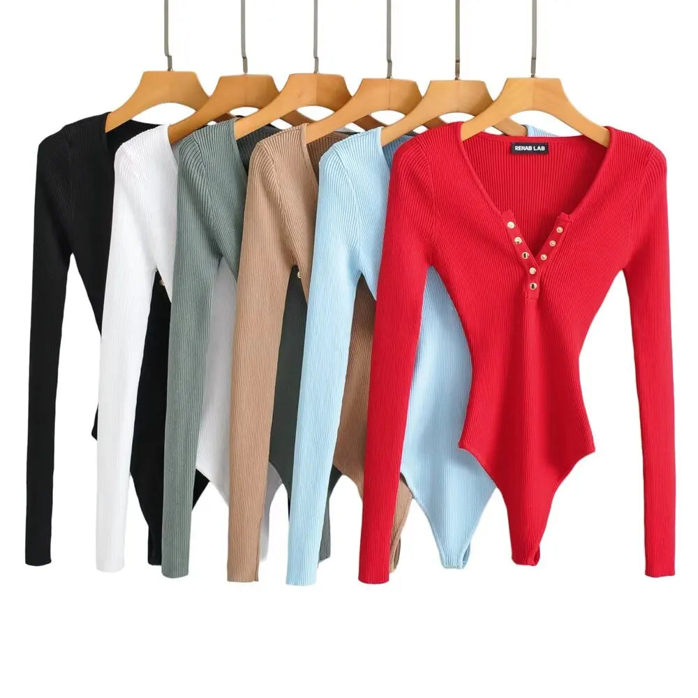 Long Sleeve Knitted High Elastic Slim Bodysuits