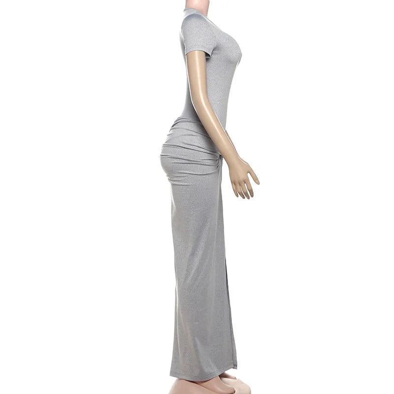 Two Piece Short Sleeve O-neck Bodysuits+pleated Maxi Split Skirts