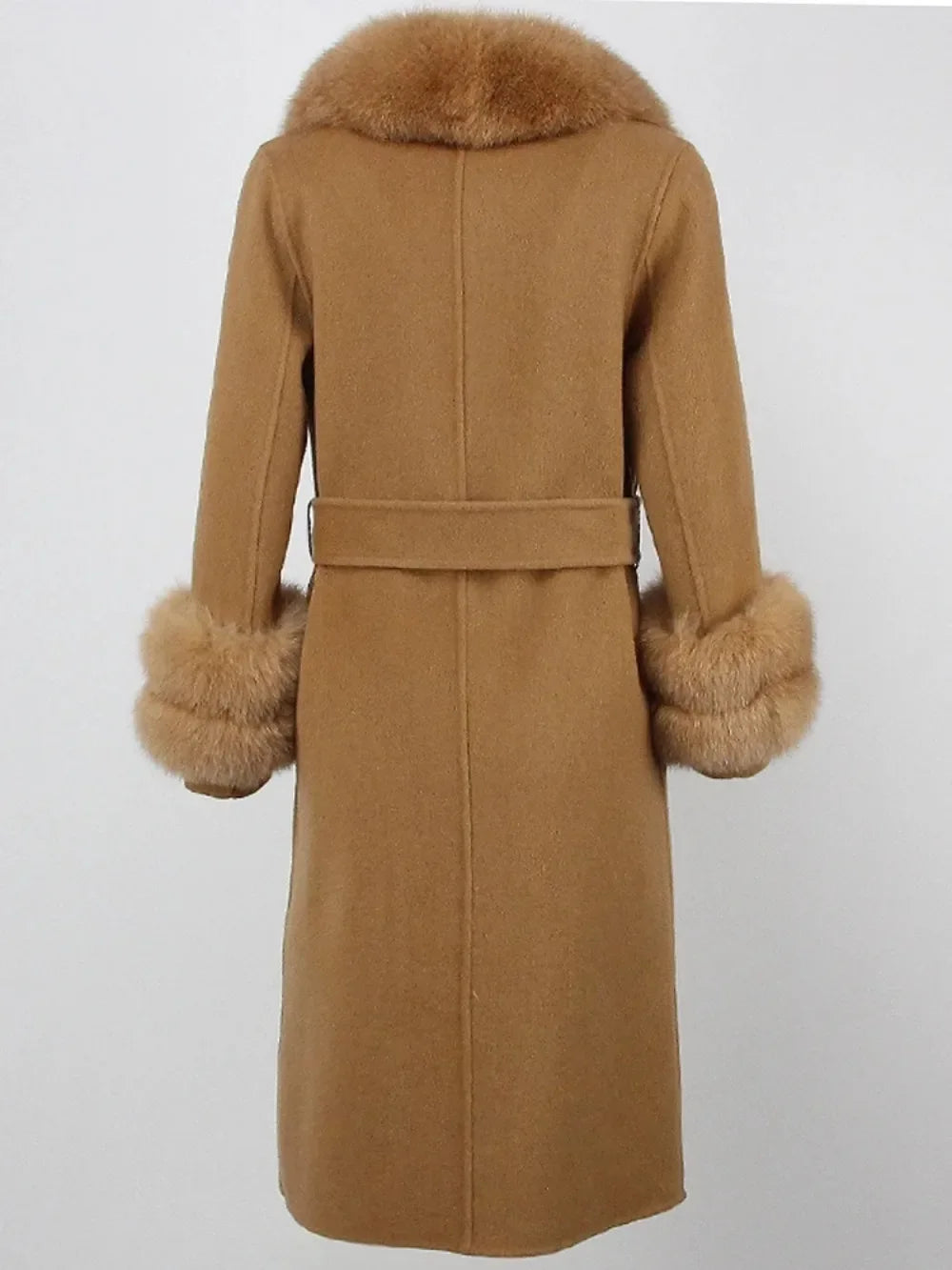 Real Fur Natural Wool Blends Cashmere Double Breasted Belt Warm Coat