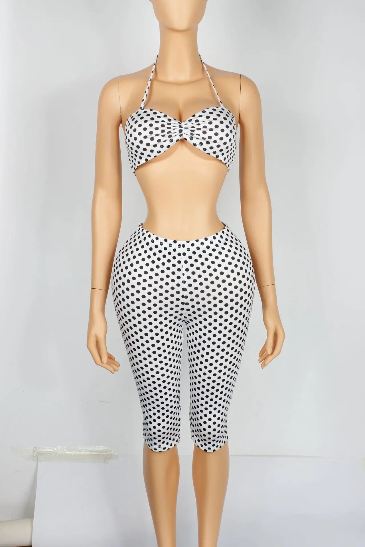 Polka Dot Print Two Piece Set Halter Tank Tops + Bike Shorts Matching Set