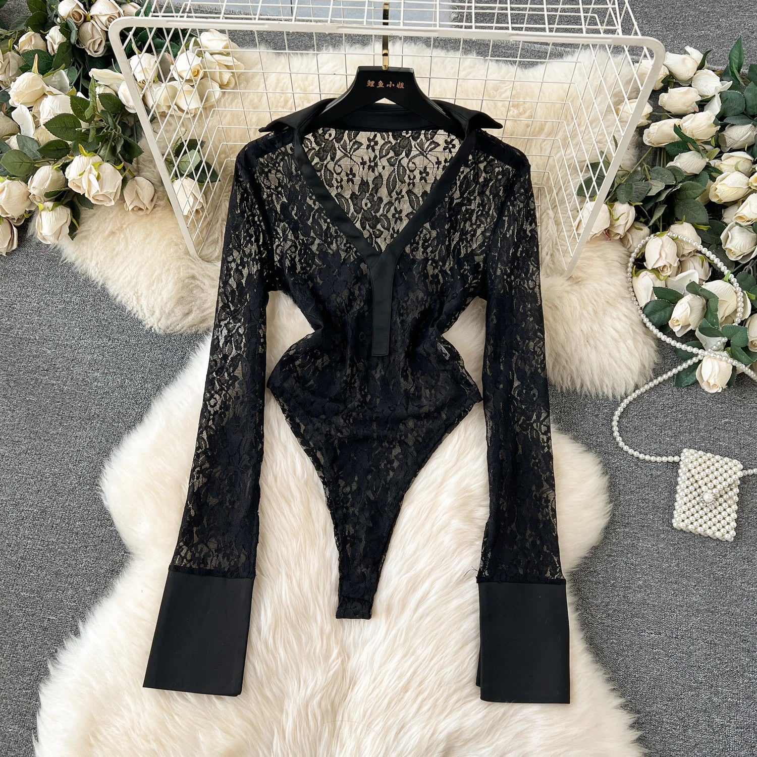 Lace Sheer Lapel Long Sleeves Slim Bodysuits+Elastic Long Pants Sets