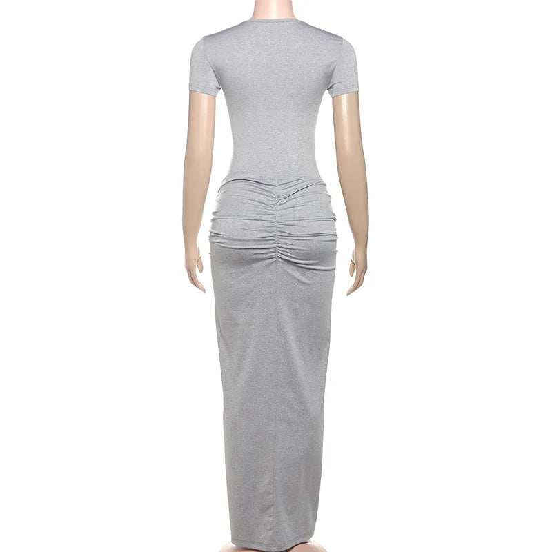 Two Piece Short Sleeve O-neck Bodysuits+pleated Maxi Split Skirts