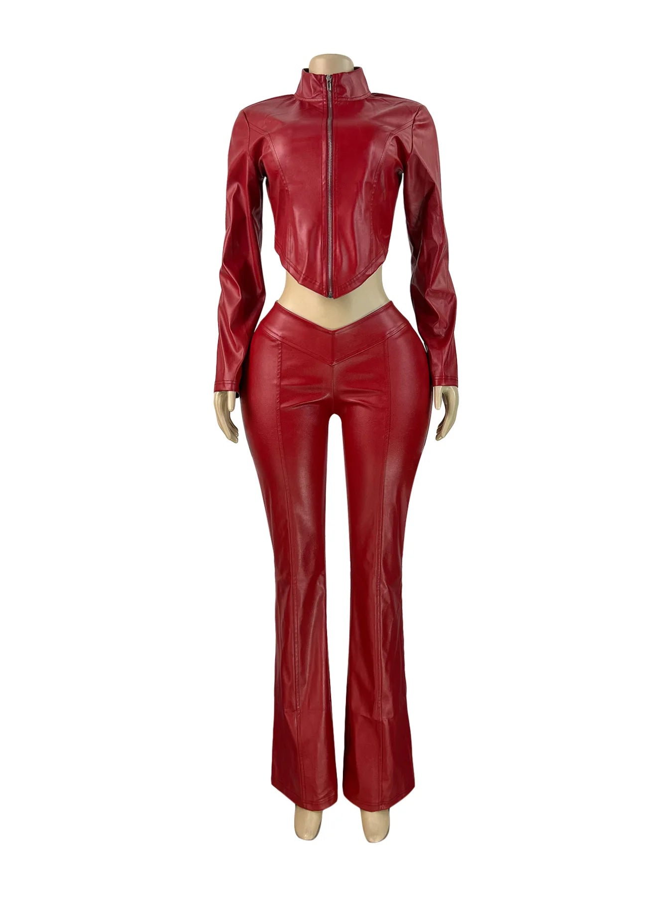 Luxury PU Two Piece Set Irregular  Jacket Top+Flared Trousers Set