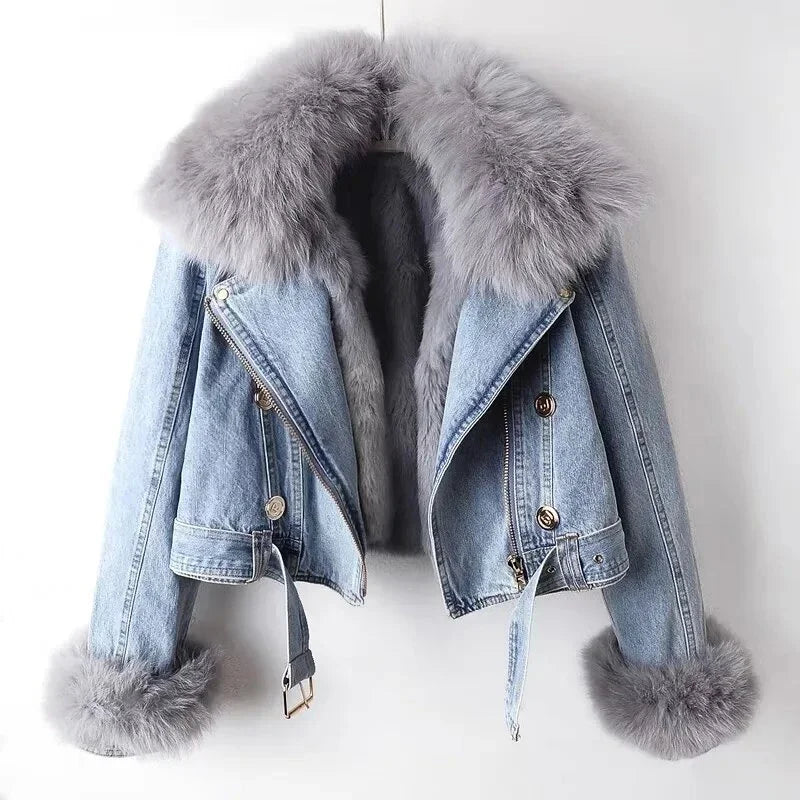 Faux Fox Fur Collar Jean Jacket