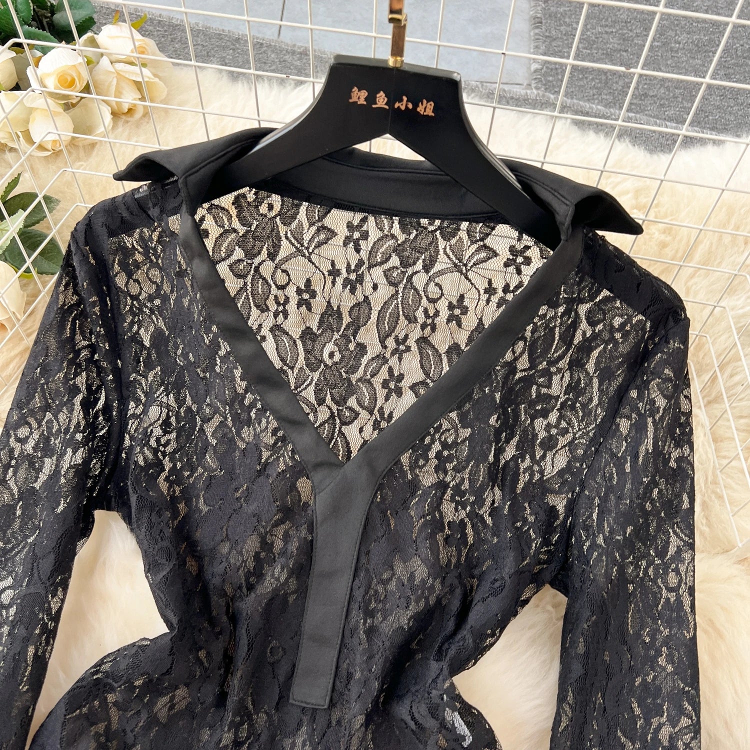 Lace Sheer Lapel Long Sleeves Slim Bodysuits+Elastic Long Pants Sets