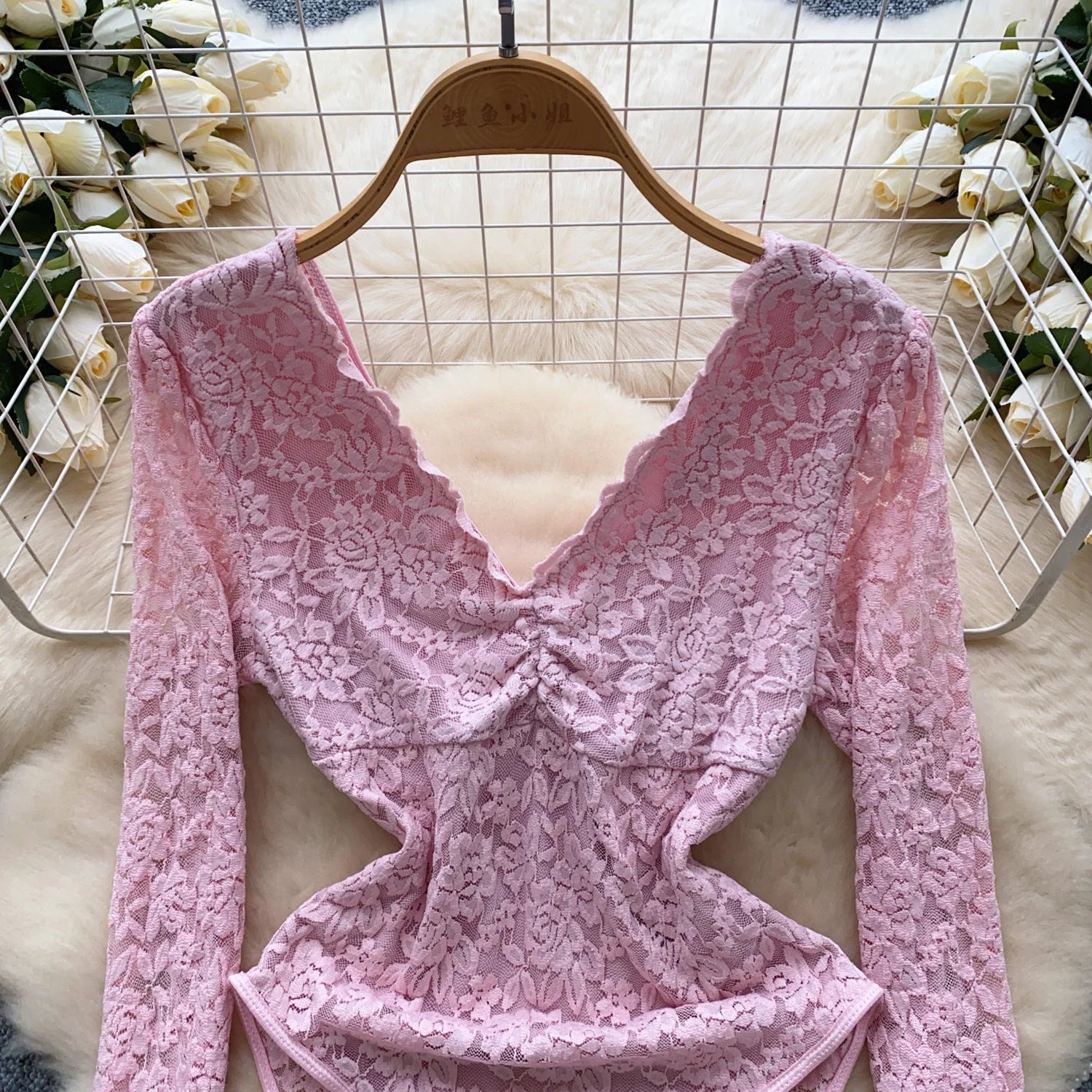 Lace Splice Mesh V Neck Long Sleeves Bodysuits
