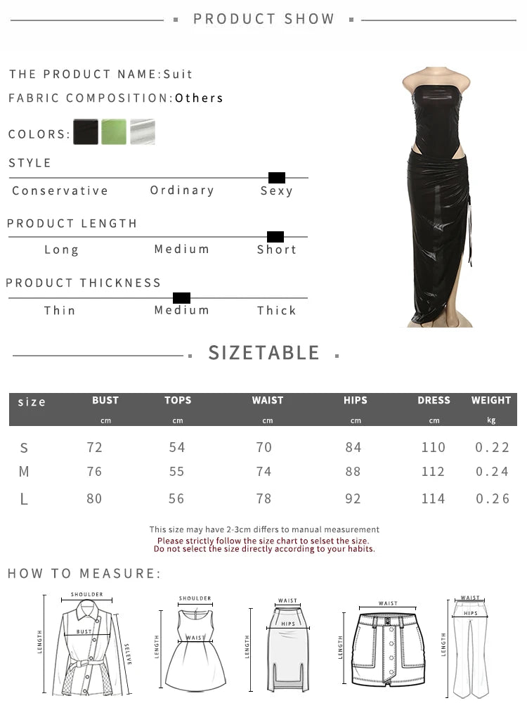 Reflective Strapless Bodysuits+Shirring Bandage Irregular Skirts Two Piece Set