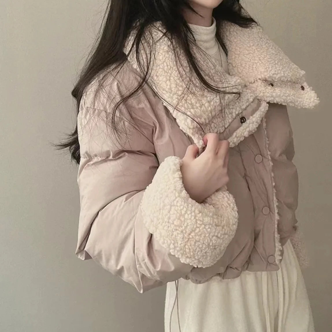 Lapel Bomber Lamb Fur Loose Cotton Coat