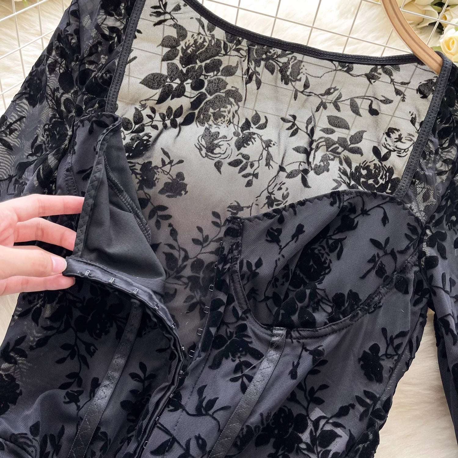 Floral Transparent Open Crotch Slim Corset Blouse Bodysuits