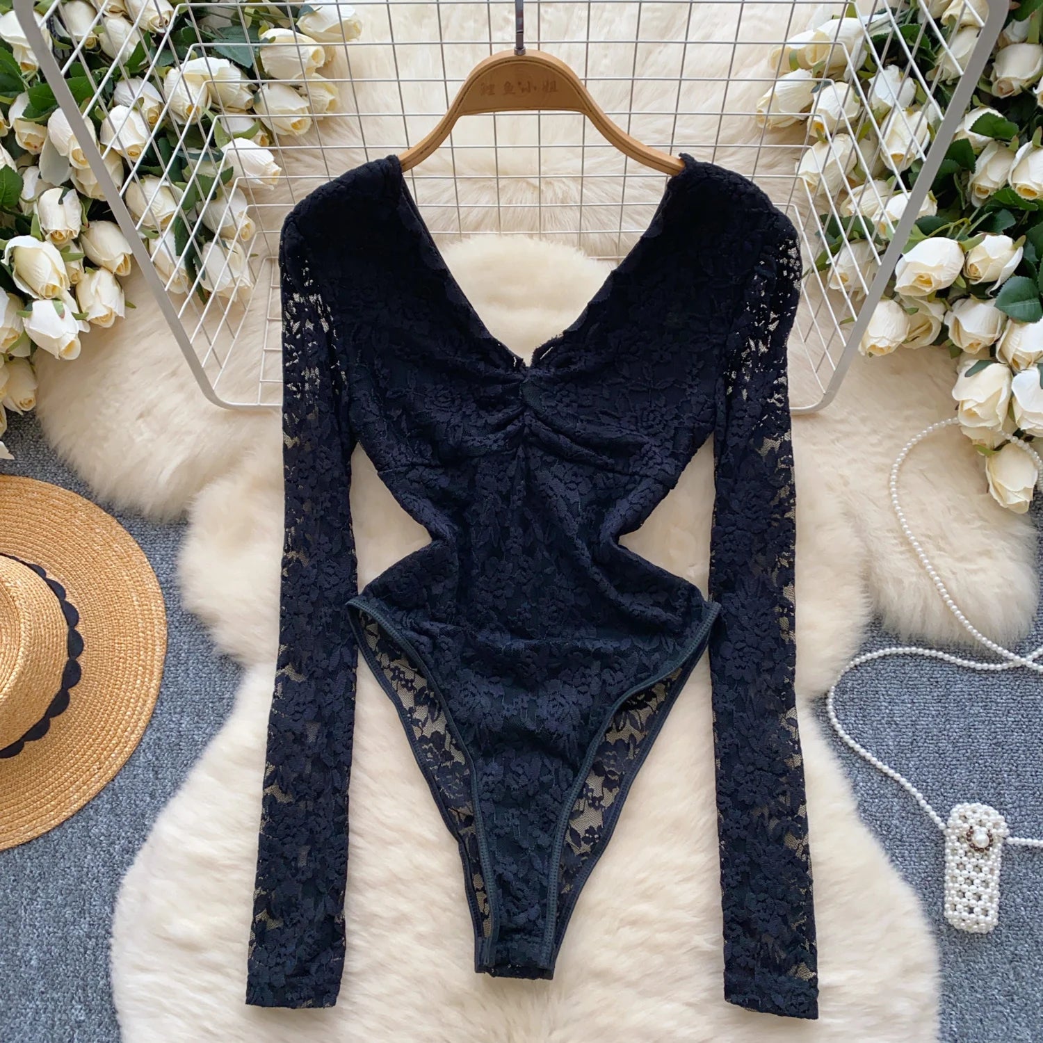Lace Splice Mesh V Neck Long Sleeves Bodysuits
