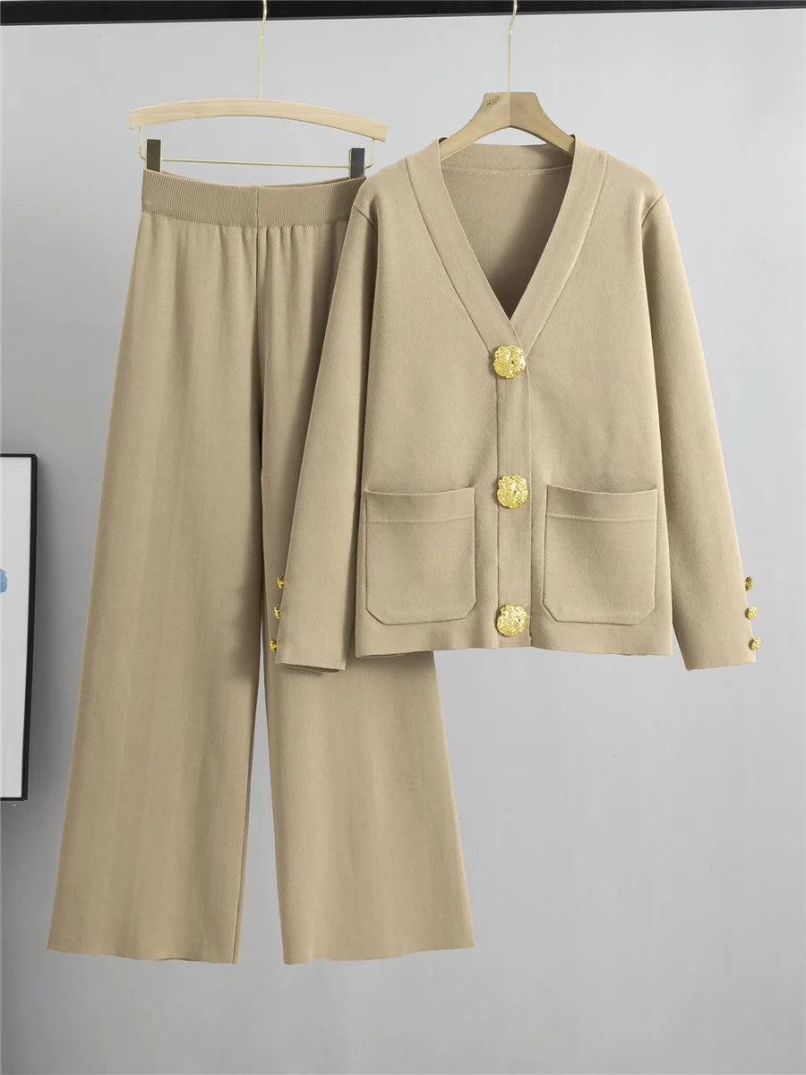Elegant Knitted 2 Piece Sets Sweater Cardigan Tops And High Waist Wide Leg Pants Outfit
