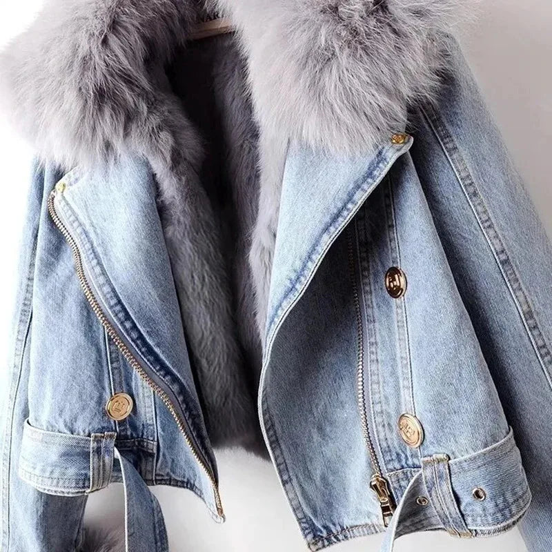 Faux Fox Fur Collar Jean Jacket