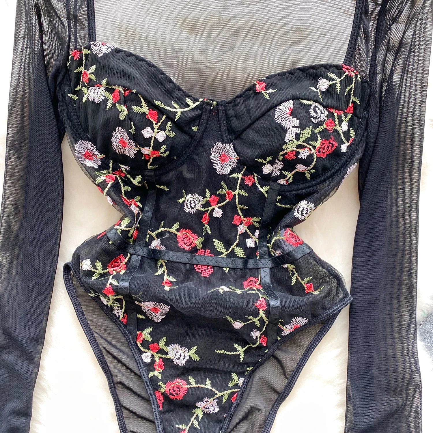 Retro Embroidery Floral Mesh Bodysuits