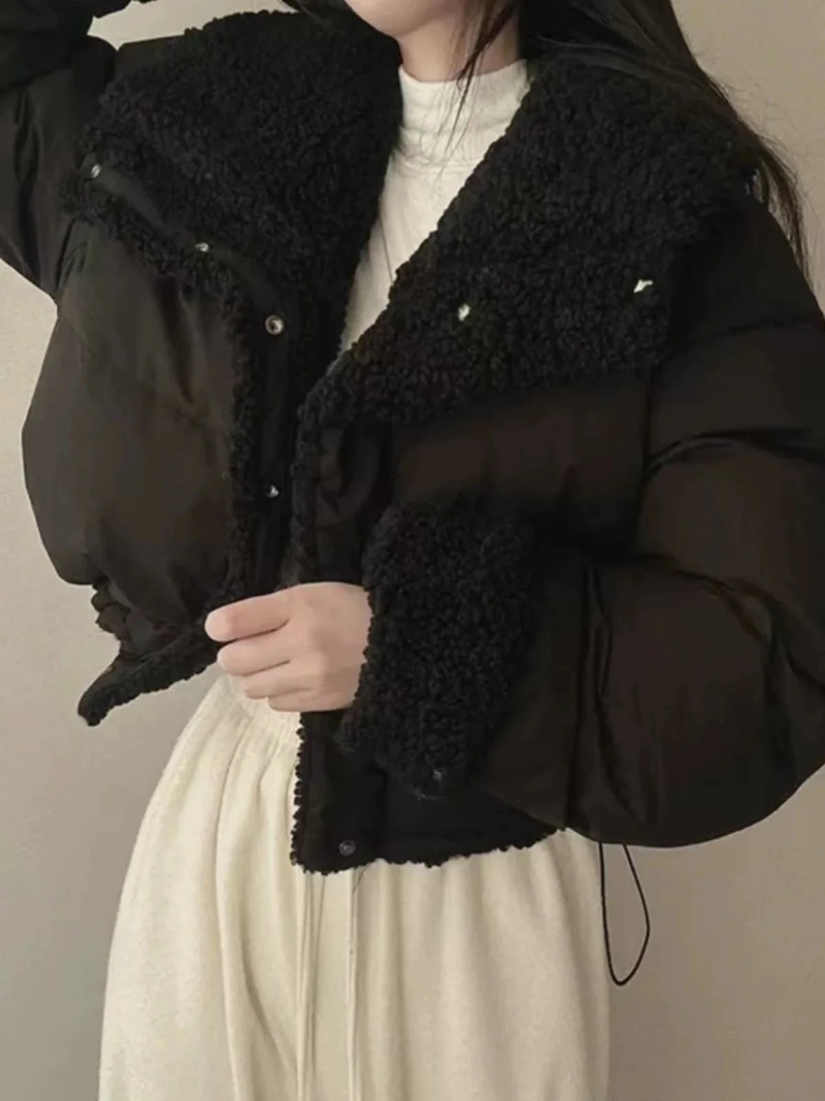 Lapel Bomber Lamb Fur Loose Cotton Coat