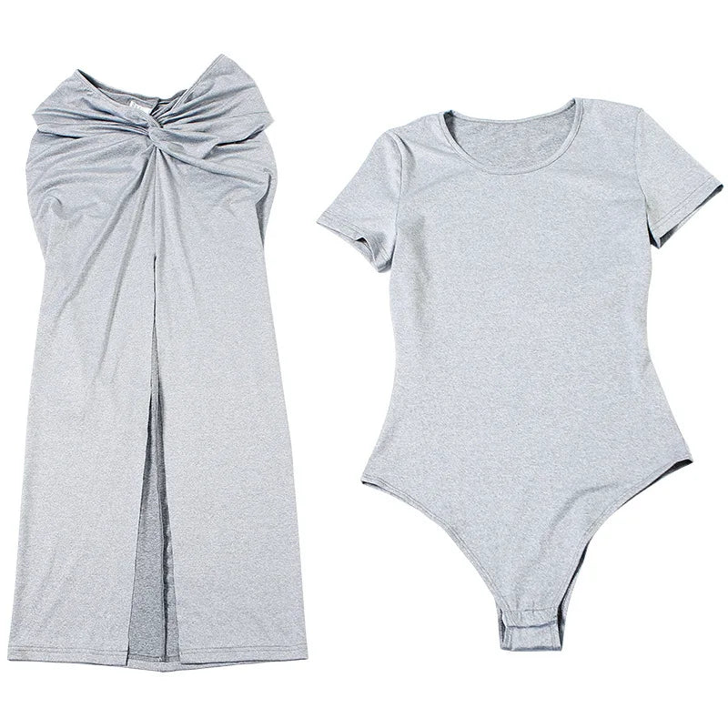 Two Piece Short Sleeve O-neck Bodysuits+pleated Maxi Split Skirts