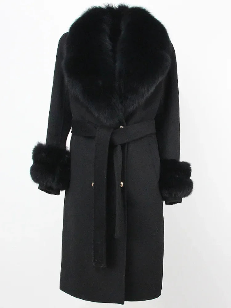 Real Fur Natural Wool Blends Cashmere Double Breasted Belt Warm Coat