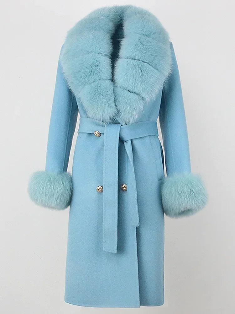 Real Fur Natural Wool Blends Cashmere Double Breasted Belt Warm Coat