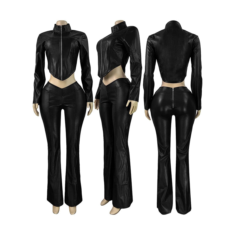 Luxury PU Two Piece Set Irregular  Jacket Top+Flared Trousers Set