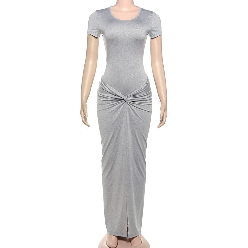 Two Piece Short Sleeve O-neck Bodysuits+pleated Maxi Split Skirts