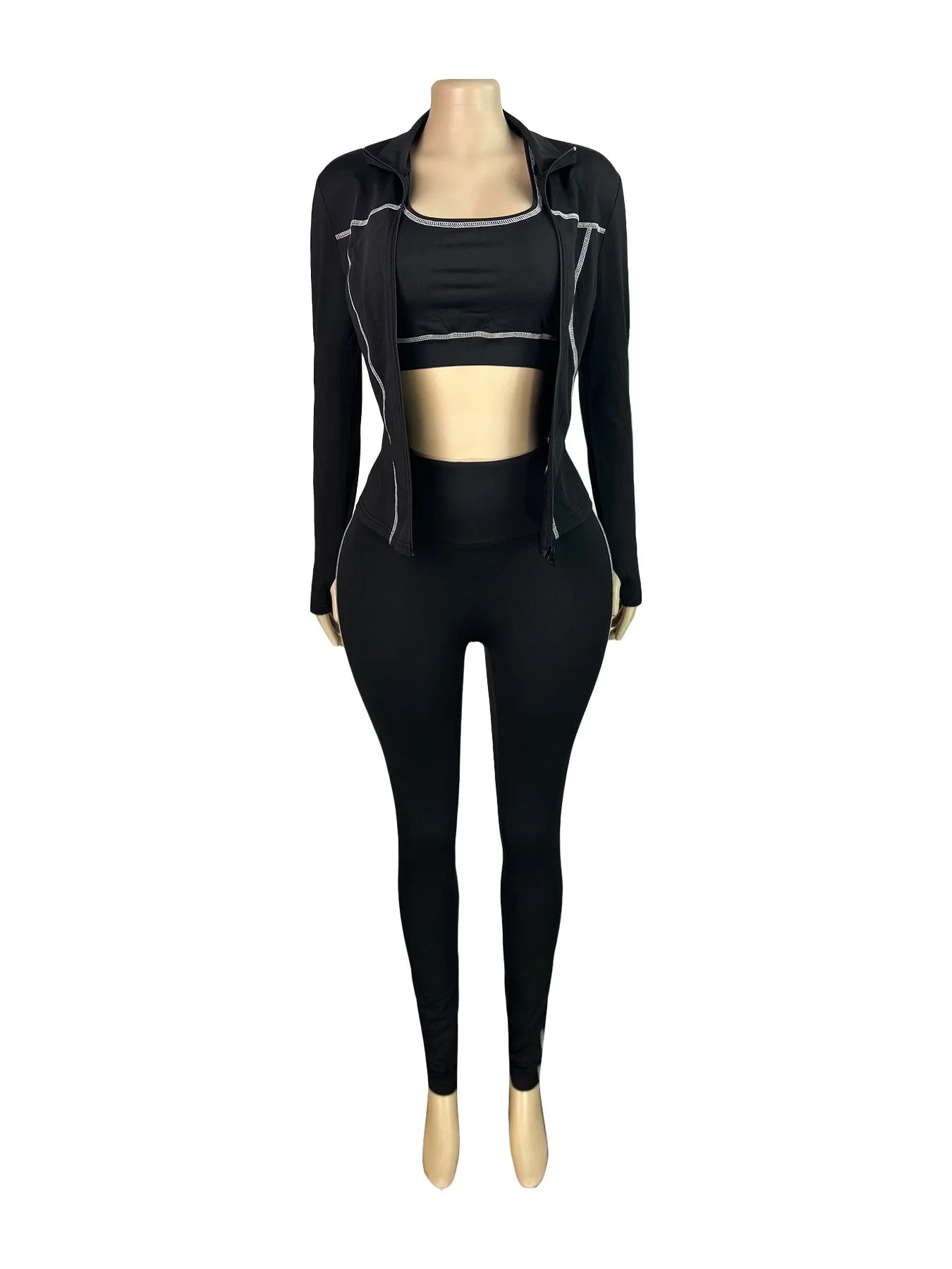 Casual 3 Piece Elastic Vest+Zip Jacket+Leggings Matching  Tracksuit