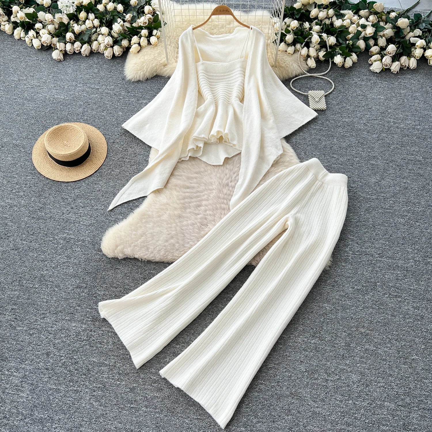 Autumn Warm Sweater Suits Mini Strap Vest+Outerwear Cardigans+Basic Long Pants Three Pieces Sets