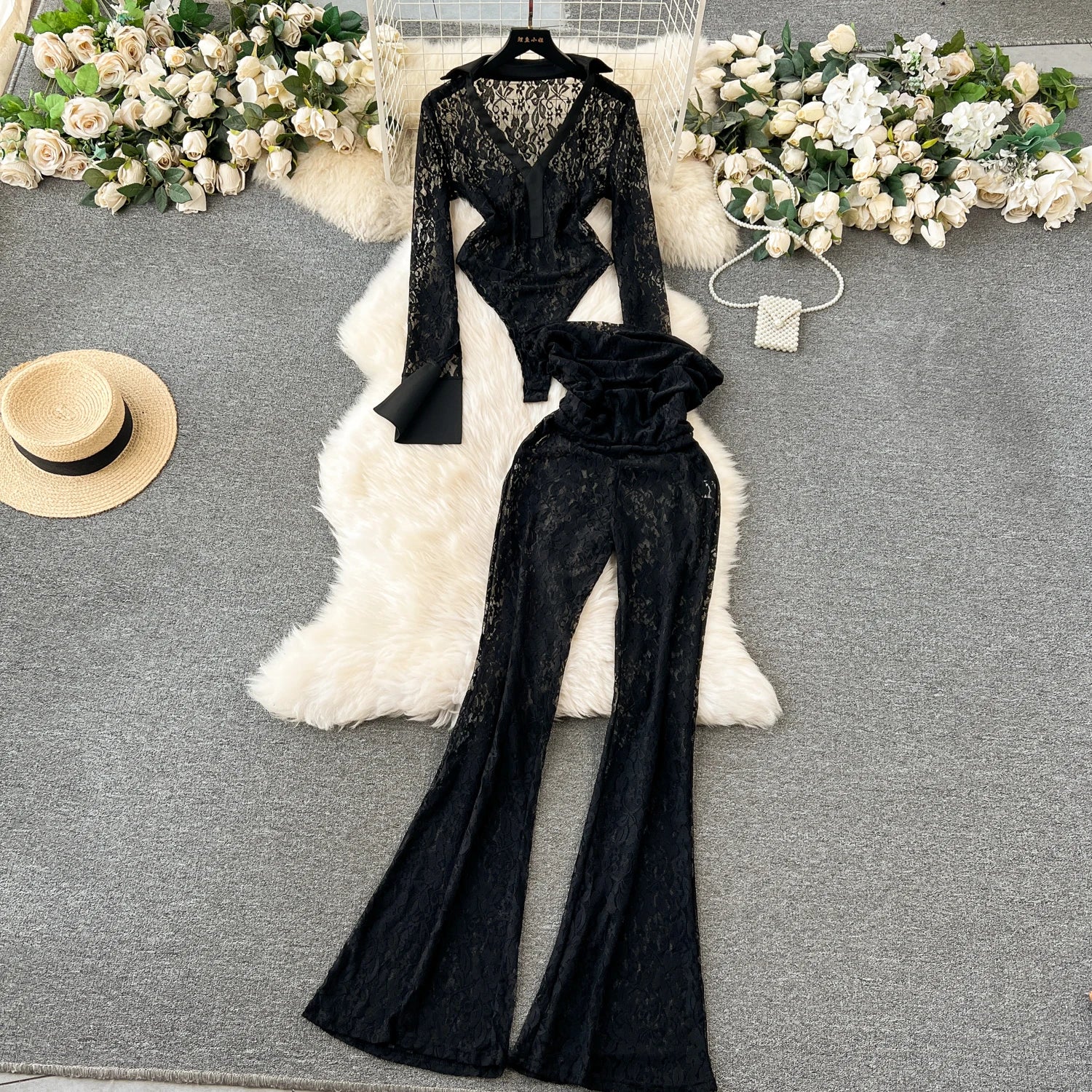 Lace Sheer Lapel Long Sleeves Slim Bodysuits+Elastic Long Pants Sets