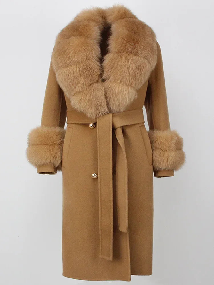 Real Fur Natural Wool Blends Cashmere Double Breasted Belt Warm Coat
