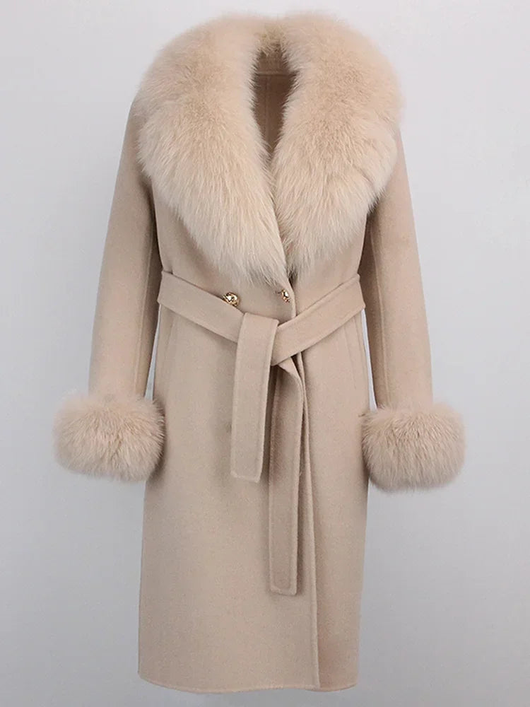 Real Fur Natural Wool Blends Cashmere Double Breasted Belt Warm Coat
