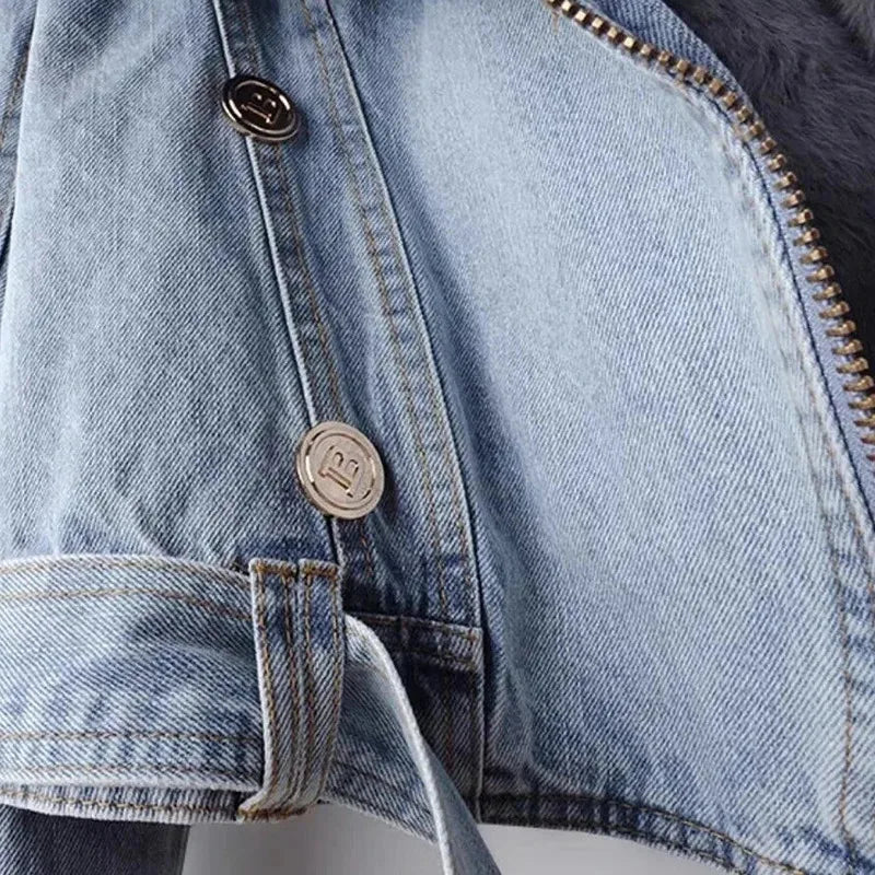 Faux Fox Fur Collar Jean Jacket