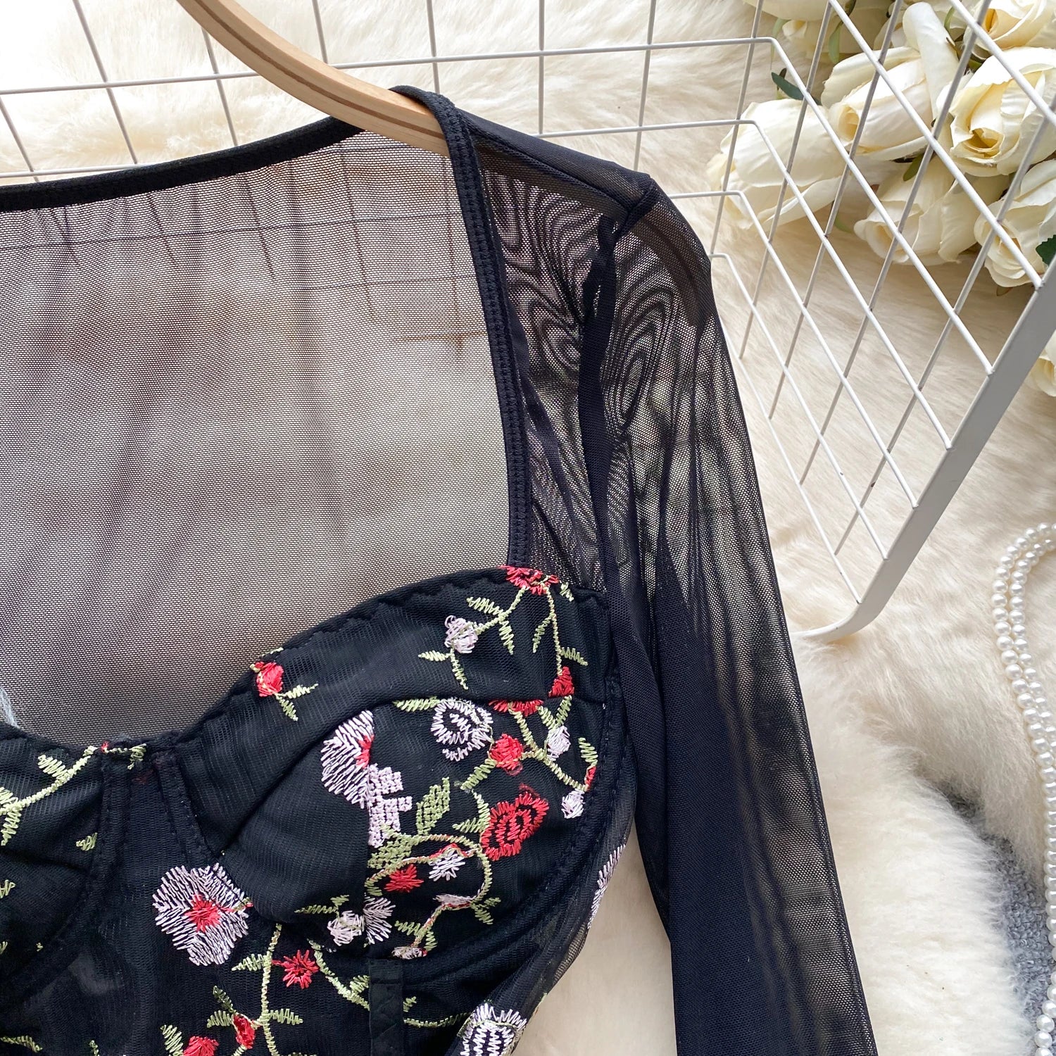 Retro Embroidery Floral Mesh Bodysuits