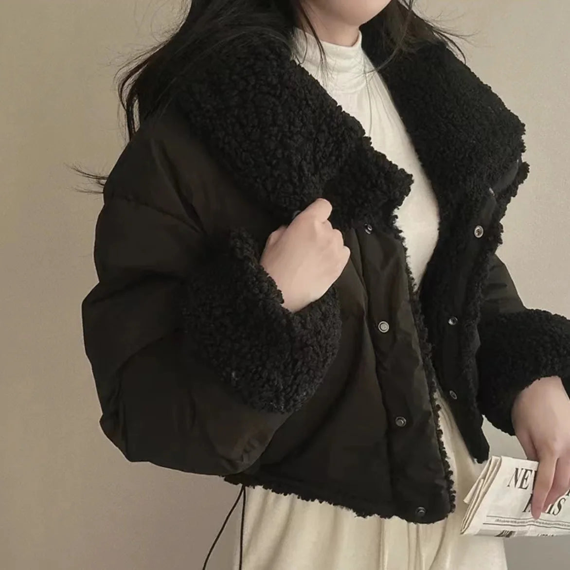 Lapel Bomber Lamb Fur Loose Cotton Coat