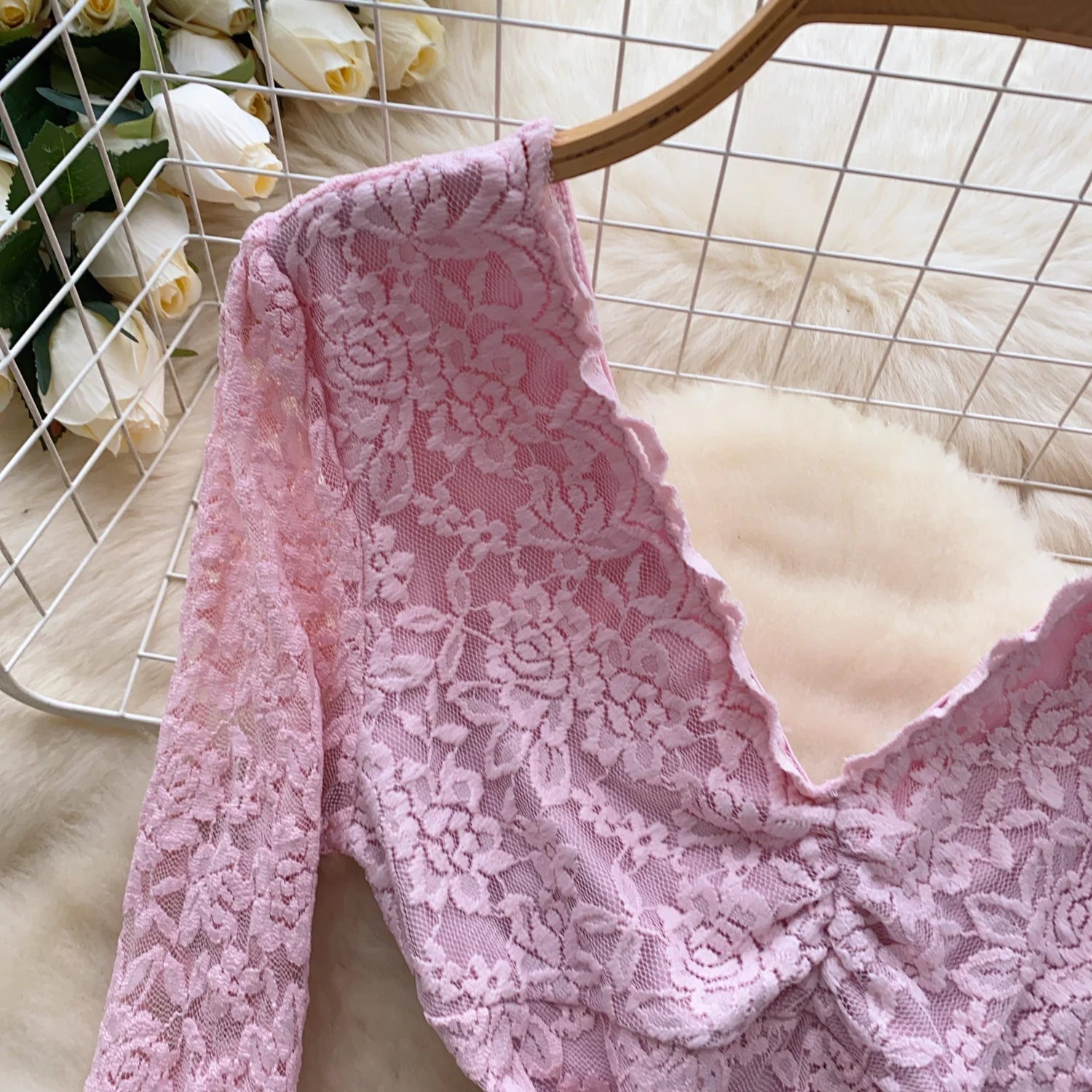 Lace Splice Mesh V Neck Long Sleeves Bodysuits