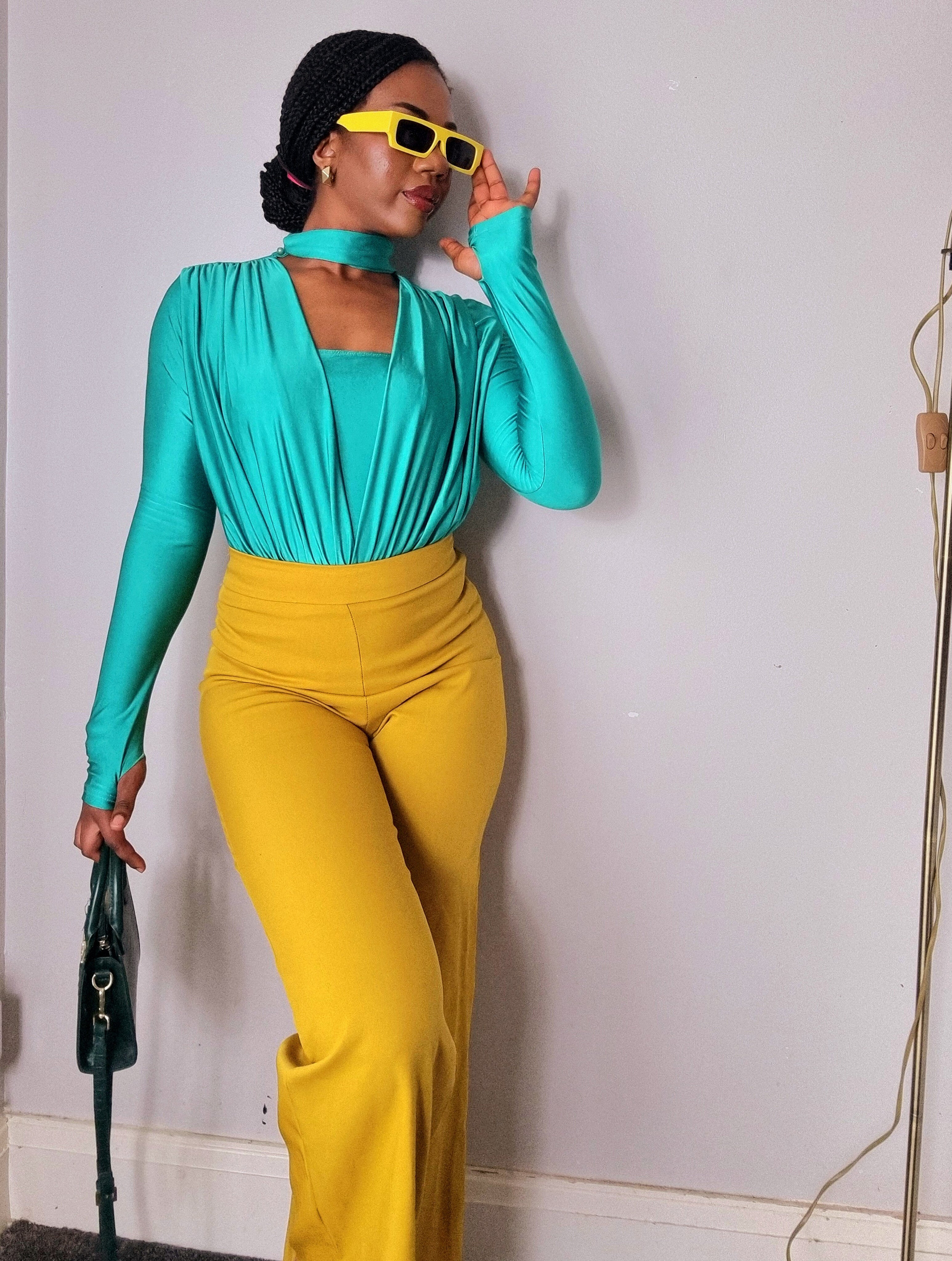 Irregular Pleated Crew Neck Full Sleeve High-waist Cutout Bodysuit